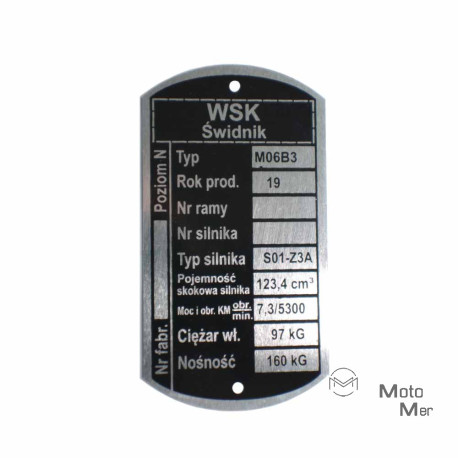 Tabliczka znamionowa do WSK 125, model M06B3